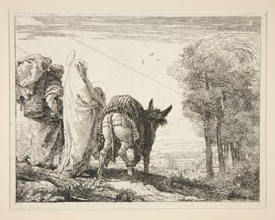 Mária karjában tartja a gyermekét, az Idee pittoresche sopra la fuga in Egitto (Repülés Egyiptomba) sorozatból alkotó: Giovanni Domenico Tiepolo