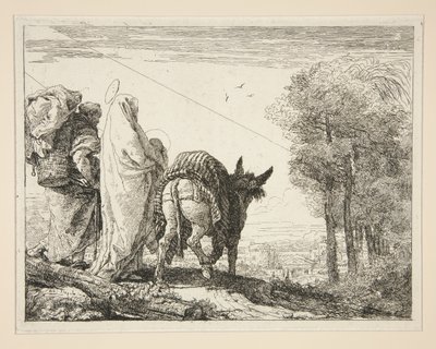 Mária gyermekét a karjában tartva, az Idee pittoresche sopra la fuga in Egitto (Menekülés Egyiptomba) sorozatból alkotó: Giovanni Domenico Tiepolo