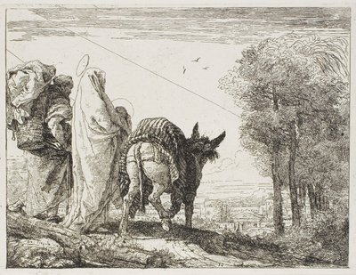 Mária a gyermeket a karjában tartja és József a kosárral, tízes tányér az Egyiptomba menekülésből alkotó: Giovanni Domenico Tiepolo
