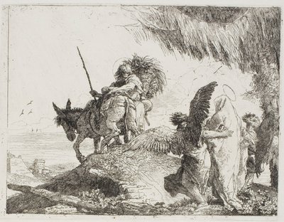 Mária, két angyal által támogatott, követi Józsefet, 26. lemez a Repülés Egyiptomba című könyvéből alkotó: Giovanni Domenico Tiepolo