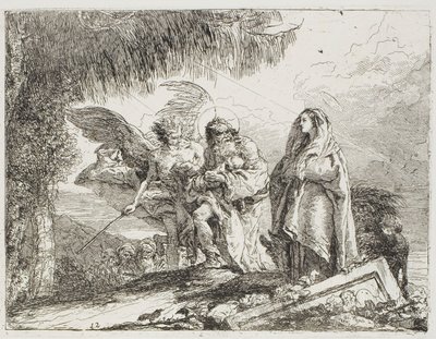 Máriát és Józsefet, akik a gyermeket tartják, egy angyal kíséri, tizenkettes tányér az Egyiptomba menekülésből alkotó: Giovanni Domenico Tiepolo