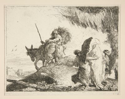 A Szent Család két angyal között, az Idee pittoresche sopra la fuga in Egitto (Repülés Egyiptomba) sorozatból alkotó: Giovanni Domenico Tiepolo