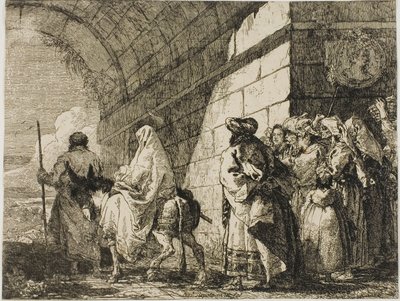 A Szent Család egy városkapu mellett távozik, hetedik tábla a Repülésből Egyiptomba alkotó: Giovanni Domenico Tiepolo