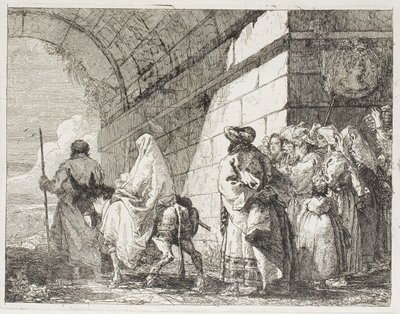 A Szent Család egy városkapu mellett távozik, hetedik tábla a Repülés Egyiptomba című könyvéből alkotó: Giovanni Domenico Tiepolo