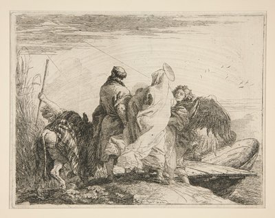 A Szent Család elhagyja a folyó partját, az Idee pittoresche sopra la fuga in Egitto (Repülés Egyiptomba) sorozatból alkotó: Giovanni Domenico Tiepolo