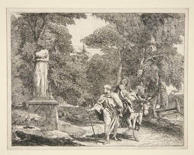 A Szent Család egy szobor mellett, az Idee pittoresche sopra la fuga in Egitto (Repülés Egyiptomba) sorozatból alkotó: Giovanni Domenico Tiepolo