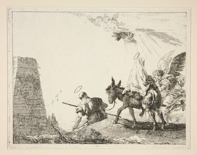A Szent Család piramis mellett, az Idee pittoresche sopra la fuga in Egitto (Repülés Egyiptomba) sorozatból alkotó: Giovanni Domenico Tiepolo