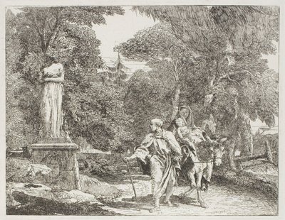 A Szent Család egy szobor mellett halad el, melynek feje a földre zuhan, 22. lemez az Egyiptomba menekülésből alkotó: Giovanni Domenico Tiepolo