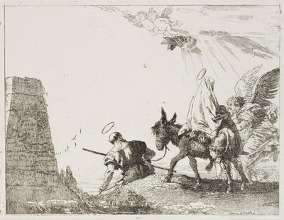 A Szent Család egy piramis mellett halad el, huszas lemez az Egyiptomba menekülésből alkotó: Giovanni Domenico Tiepolo