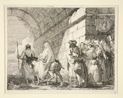 A Szent Család egy boltív alatt elhaladva, elhagyva a városkapun, az Idee pittoresche sopra la fuga in Egitto (Repülés Egyiptomba) sorozatból alkotó: Giovanni Domenico Tiepolo
