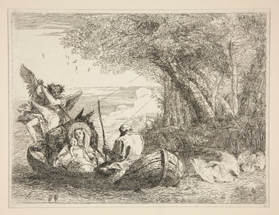 A Szent Család hajóval utazva, az Idee pittoresche sopra la fuga in Egitto (Repülés Egyiptomba) sorozatból alkotó: Giovanni Domenico Tiepolo
