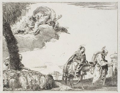 A Szent Család a városfal mentén sétál. A bal oldalon egy pásztor a nyájával és az Atyaisten, nyolcas tányér az Egyiptomba menekülésből alkotó: Giovanni Domenico Tiepolo