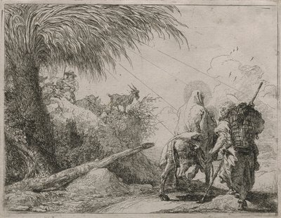 A Szent Család sziklás ösvényen, az Idee pittoresche sulla fuga in Egitto (Repülés Egyiptomba) sorozatból alkotó: Giovanni Domenico Tiepolo