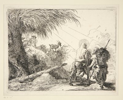 A Szent Család sziklás ösvényen, az Idee pittoresche sulla fuga in Egitto (Repülés Egyiptomba) sorozatból alkotó: Giovanni Domenico Tiepolo