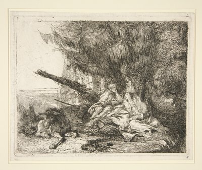 A pihenés az egyiptomi repülésen, az Idee pittoresche sopra la fuga in Egitto (Repülés Egyiptomba) sorozatból alkotó: Giovanni Domenico Tiepolo