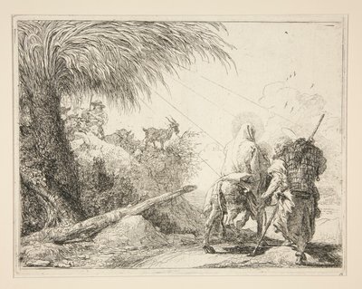 A Szűz, Szamárra ülve, hátulról nézve, az Idee pittoresche sopra la fuga in Egitto (Repülés Egyiptomba) sorozatból alkotó: Giovanni Domenico Tiepolo