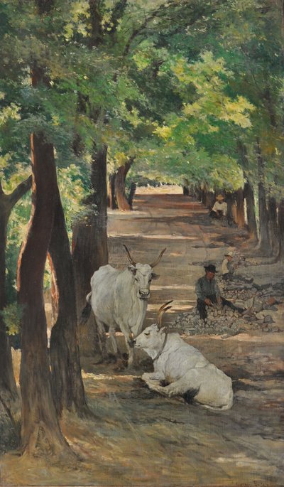 Sugárút ökrökkel és kőtörőkkel, 1875 körül (olaj, vászon) alkotó: Giovanni Fattori