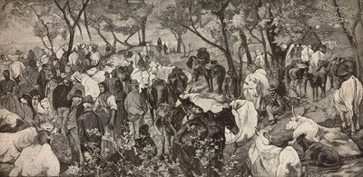 Piac a toszkán Appenninekben, metszet Giovanni Fattori (1825-1908) festményéről, a L