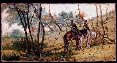Két katona lovagol a fák alatt (két lólábú) - Festészet alkotó: Giovanni Fattori