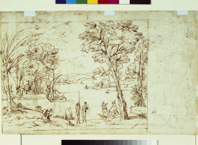 Táj figurákkal a folyóparton (toll és tinta papíron) alkotó: Giovanni Francesco Grimaldi