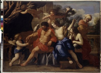 Herkules és Omphale (Herkules és Omphale). Giovanni Francesco Romanelli (1610-1662) festménye, olaj, vászon, 1650 körül. Olasz művészet alkotó: Giovanni Francesco Romanelli