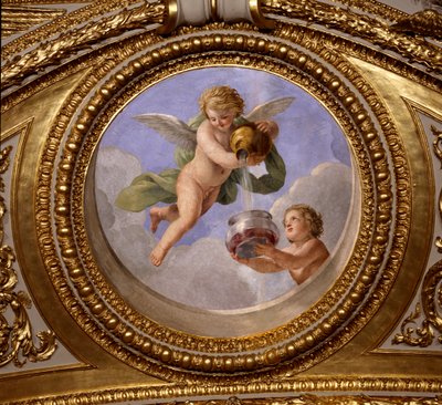 A kontinens szeretete. Giovanni Romanelli (1601-1662) festménye Anna osztrák királyné (1601-1666) nyári apartmanjainak hálószobája, Antonine Hall mennyezetét díszíti. 1655-1658 körül. Párizs, Louvre Múzeum. alkotó: Giovanni Francesco Romanelli