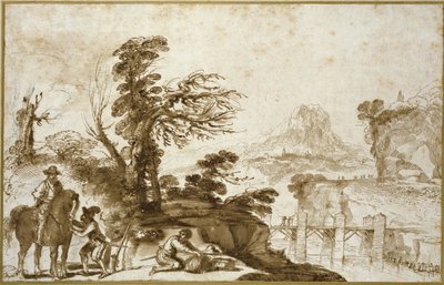 Táj lovassal és híddal (toll és mosás barna tintával, fekete krétával törtfehér papíron) alkotó: Giovanni Francesco Barbieri
