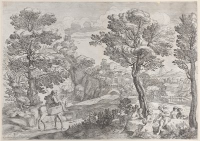 Jobb oldalon egy kártyázó embercsoport, bal oldalon egy lóháton ülő ember, 1626-80. alkotó: Giovanni Francesco Grimaldi
