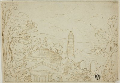 Tájkép templommal, obeliszkkel és vízvezetékkel alkotó: Giovanni Francesco Grimaldi