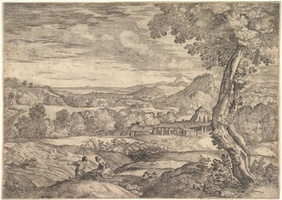 Táj középen téglagyárral, előtérben álló emberrel p..., 1626-80. alkotó: Giovanni Francesco Grimaldi