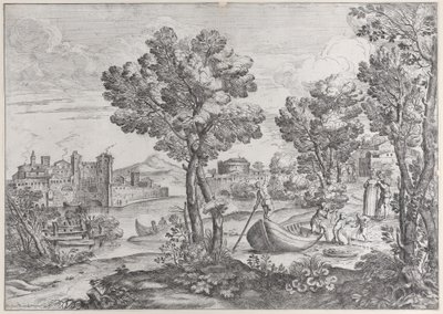Tájkép egy férfival, aki kígyót tart egy rémült gyereknek, egy divatos dre..., 1626-80. alkotó: Giovanni Francesco Grimaldi