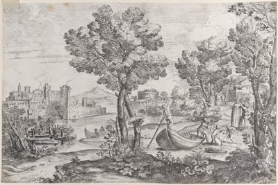 Tájkép egy férfival, aki kígyót tart egy rémült gyereknek, egy divatos dre..., 1626-80. alkotó: Giovanni Francesco Grimaldi