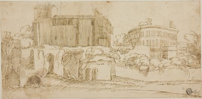 Kilátás a templomra és a romokra alkotó: Giovanni Francesco Grimaldi