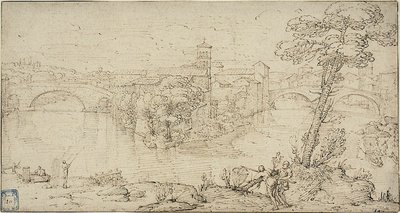 Kilátás az Isola Tiberina-ra alkotó: Giovanni Francesco Grimaldi