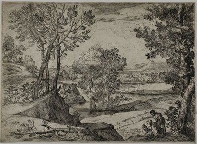 Nő, gyermeke és egy álló férfi egy tájban alkotó: Giovanni Francesco Grimaldi