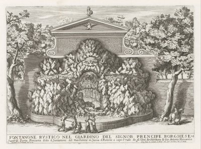 Fontein a Villa Borghese Rómában Rusztikus szökőkút Mr. prencipe Borghese kertjében (...) (cím a tárgyon) Szökőkutak a római palotákban és kertekben (sorozat címe) Fonteinen in de paleizen en tuinen van Rome (sorozat címe) alkotó: Giovanni Francesco Venturini