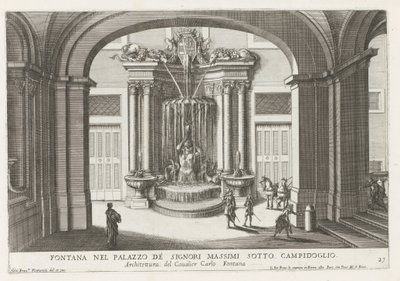 Fontein in de binnenplaats van het Palazzo Massimo di Rignano te Rome Szökőkút a Palazzo dei Signori Massimiban a Campidoglio alatt (cím a tárgyon) Szökőkutak a római palotákban és kertekben (sorozat címe) Fonteinen in de paleizen en tuinen van Rome (komol alkotó: Giovanni Francesco Venturini