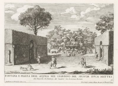 Fontein találkozott Adelaar-ral a római Villa Celimontana tuinen városában Szökőkút és Piazza del Aquila a Signor Duke Mattei kertjében (...) (cím a tárgyon) Szökőkutak a római palotákban és kertekben (sorozat címe) Fonteinen in de paleizen en tuinen van R alkotó: Giovanni Francesco Venturini