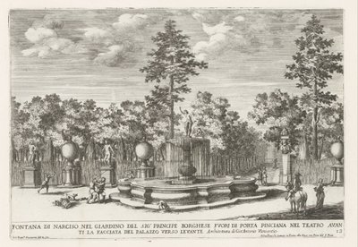 Fontein van Narcissus a Villa Borghese Rómában Nárcisz-kút Borghese herceg úr kertjében (...) (cím a tárgyon) Szökőkutak a római palotákban és kertekben (sorozat címe) Fonteinen in de paleizen en tuinen van Rome (sorozat címe) alkotó: Giovanni Francesco Venturini