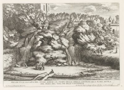 Landschap met cascade en Tempel van de Tiburtijnse Sibille t és Tivoli Az aniene folyó magaslata és vízesése a szibilla templomával (...) (cím a tárgyon) A tivoli Estense kert szökőkútjai (sorozat címe) Fonteinen in de tuinen van Villa d