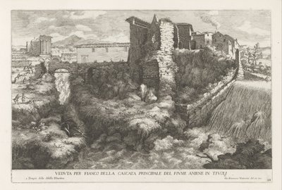 Landschap met waterval en tempel van de Tiburtijnse Sibille te Tivoli Oldalnézetből az Aniene folyó fő vízesése Tivoliban (cím a tárgyon) A tivoli Este kert szökőkútjai (sorozat címe) Fonteinen in de tuinen van Villa d