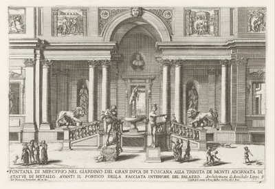 Loggia en tuin a Villa Medici Rómában Merkúr-kút a toszkán nagyherceg kertjében, Trinita de Montiban (...) (cím a tárgyon) Szökőkutak a római palotákban és kertekben (sorozat címe) Fonteinen in de paleizen en tuinen van Rome (lásd alkotó: Giovanni Francesco Venturini