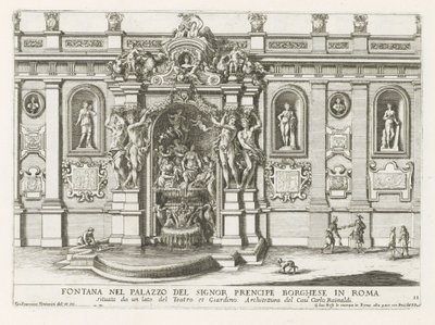 Nymphaeum in de binnenplaats van het Palazzo Borghese te Róma Szökőkút Signor prencipe Borghese palotájában Rómában (...) (cím a tárgyon) Szökőkutak a római palotákban és kertekben (sorozat címe) Fonteinen in de paleizen en tuinen van Rome (sorozat alkotó: Giovanni Francesco Venturini