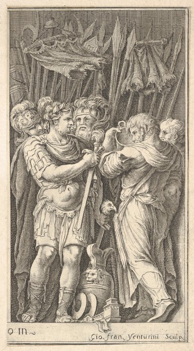 Katonák, az egyik elöl látható és kardot tart, jobbra egy katona a ba..., kb. 1650-1700. alkotó: Giovanni Francesco Venturini