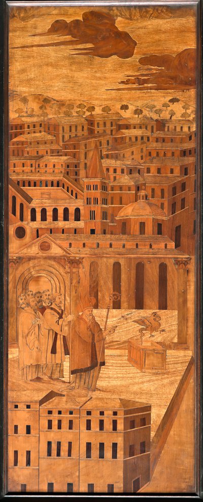 Genova, Dóm (Szent Lőrinc-székesegyház), belül, apszis, kórus, északi oldal: "St Syrus elűzi a baziliszkuszt", fa intarzia, Anselmo De 