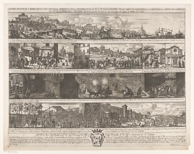 Optocht om Rome vrij te maken van de pest Az apai Pietra di N. S. PP által egyetemes haszonnal végzett szorgalmi megrendelések és javítások. Sándor VII. et emin.mi SS. card.li a S. congr.me della sanita Róma városának megszabadítására a fertőzéstől (cím az alkotó: Giovanni Giacomo de