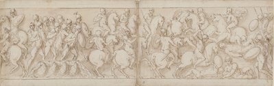 Marcus Aurelius gyalogosokkal és lovassággal indul egy rakparton (CVIII); a szarmatákat az előretörő rómaiak taszítják (CIX) alkotó: Giovanni Guerra