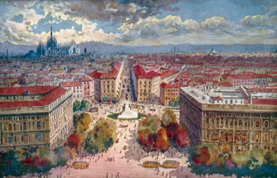 Milano / Milánó: Panoráma a várból (színes litográfia) alkotó: Giovanni Guerzoni