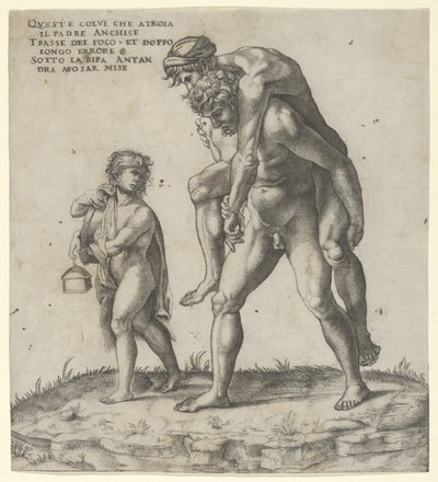 Aeneas megmenti Anchisest, egy fiatal fiút, aki balra lámpást cipel, kb. 1525., kb. 1525. alkotó: Giovanni Jacopo Caraglio