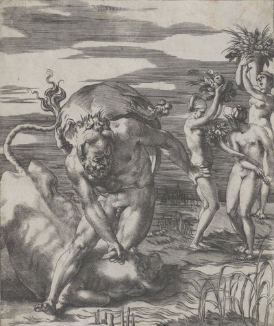 Herkules legyőzi Achelous folyóistent egy bika alakjában, három nővel t..., kb. 1526-27. alkotó: Giovanni Jacopo Caraglio